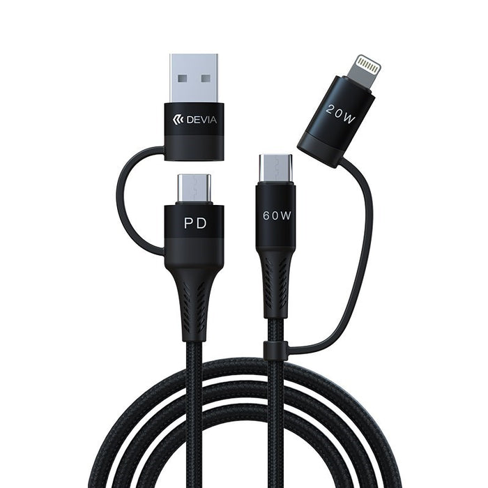 Devia - 1.5m (60W) 4-in-1 PD Mesh Armour USB & Type C to Lightning & Type C Cable - Black