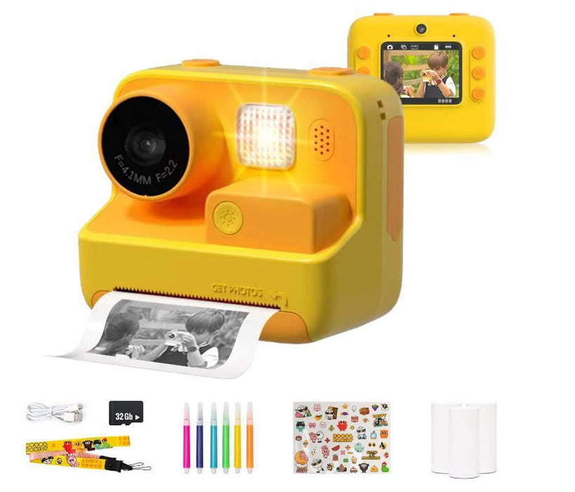 Kids Instant Print Camera, 48MP Front & Rear Dual Cameras, 1080P Resolution w/ Multiple Filters & Frames, 32GB TF Card - Yellow