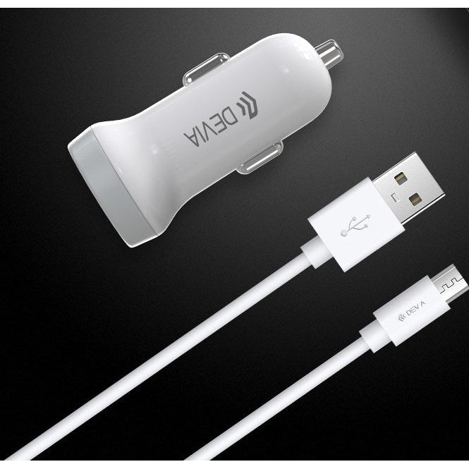 Devia - 3.1A Dual USB Port Car Adapter & 1m MicroUSB Cable - White