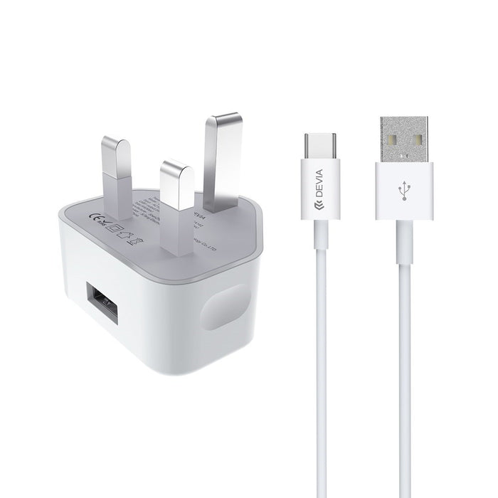 Devia - 2.1A USB Plug & 1m Type C Cable - White